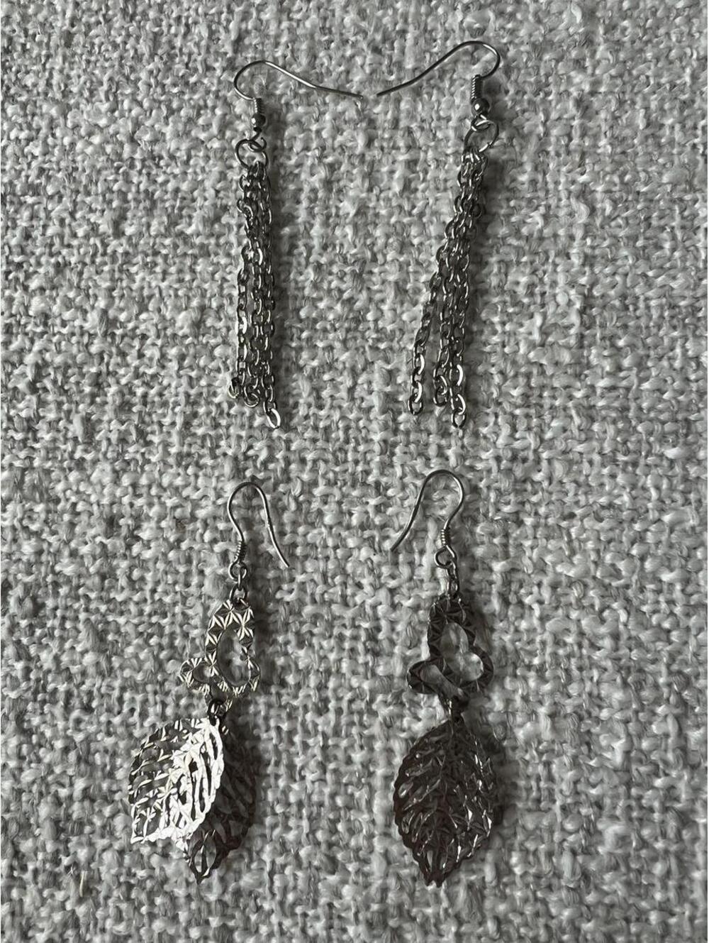 925 Sterling Leaf Drop and Silver Tone Chain Tassel Earrings